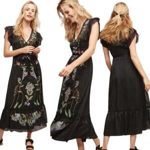 Not So Serious by Pallavi Mohan Sheer Black Floral Embroidered Midi Dress Size 4